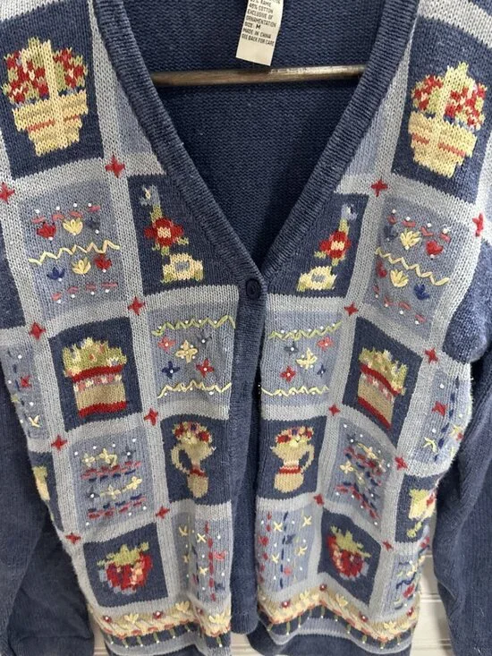 VTG Koret City Blues Blue Floral Plant Beaded Long Sleeve Cardigan Sweater Sz M - Picture 3 of 10